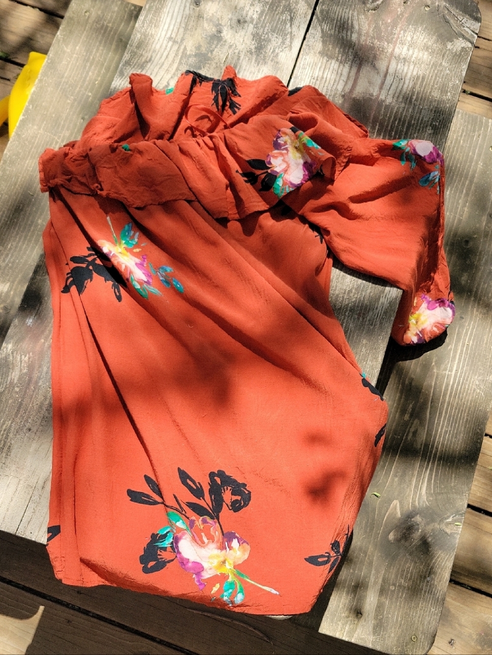French Connection rust orange ruffled off-shoulder top